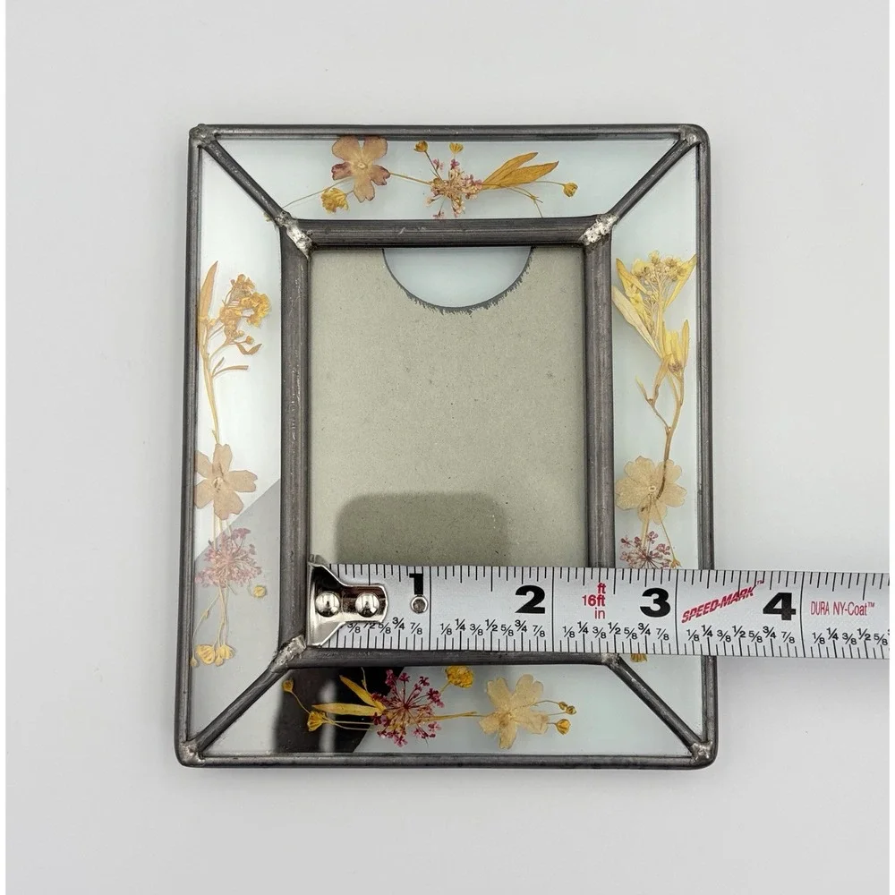 Vtg Stained Glass Picture Frame Real Pressed Flowers Boho Cottage Metal Solder